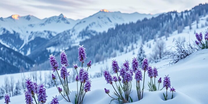 Lila Krokusse bl&uuml;hen zwischen schmelzendem Schnee in den Bergen,  Fr&uuml;hling,   Wildnis