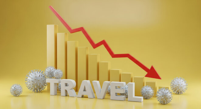 Dramatic Decline in Travel Industry Depicted with Falling Bar Graph and Virus Models Illustrating the Impact of Global Events on Tourism and Economic Downturn