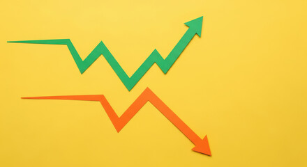 Contrasting Economic Trends Visualized with Green Upward Arrow and Red Downward Arrow on a Bright Yellow Background Illustrating Market Fluctuations and Business Cycles