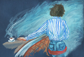 Young woman drinking coffee. illustration