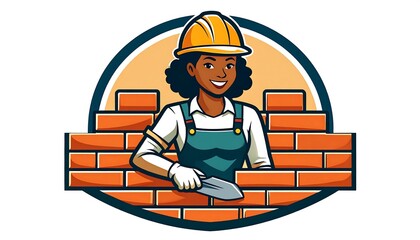A cheerful female construction worker in a vibrant cartoon style, placing bricks in a building project.