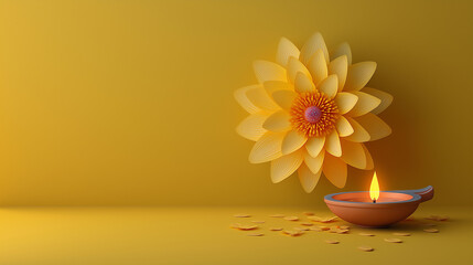 Serene Floral Adornment: A meticulously crafted paper flower, alongside a softly lit candle in a clay lamp against a muted yellow background. Demonstrating artful elegance and serenity.