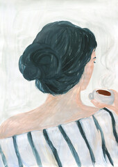 Young woman drinking coffee. illustration