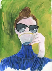 Young woman drinking coffee. illustration © Anna Ismagilova