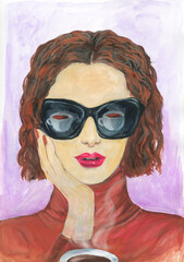 Young woman drinking coffee. illustration