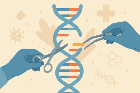 Gene editing vector illustration. Scientist hands replacing part of a DNA molecule. Concept for genetic engineering, biotechnology, DNA modification, CRISPR gene therapy.