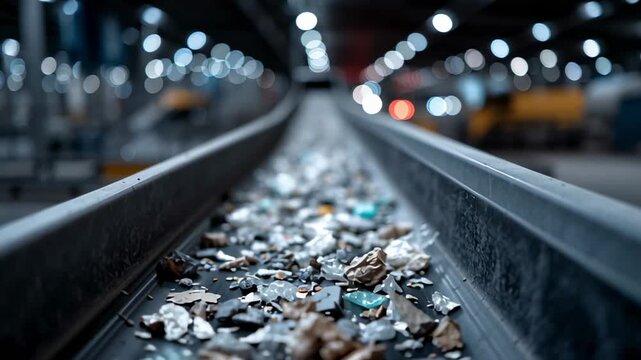 A conveyor belt at a recycling factory moves waste materials. This industry scene shows sorting of garbage and trash for the environment.