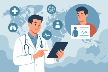 Doctor using tablet for patient diagnosis on a global medical network. Telemedicine, healthcare technology, and innovation concept. Online consultation and virtual medical care.