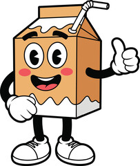 Smiling milk carton cartoon, thumbs up drink character, dairy box mascot, straw beverage illustration, vector food icon, editable layered artwork, isolated clipart design