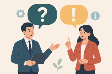 Q&A, question and answer concept. Business people working on a dialog. Man asks a question, woman gives the solution. FAQ, frequently asked question, information and advice vector.