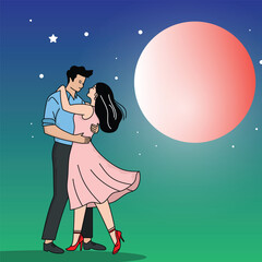 A cartoon vector silhouette of a dancing couple in love under the romantic moonlight with night sky and stars.