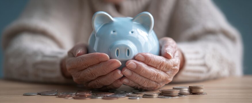 The Piggy Bank Held by Elderly Hands for Retirement Savings and Financial Security - Powered by Adobe