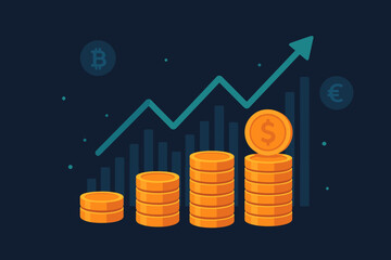 Financial investment concept with coin stacks and growth graph. Stock market trading, profit, and success. Digital economy, banking, savings, and cryptocurrency exchange.