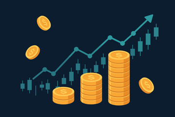Financial investment concept with stacks of coins and a trading graph showing growth. Stock market success, banking, digital economy, and finance investor profit background.