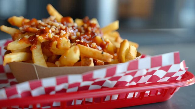 A large serving of poutine or loaded fries in a cardboard container on a red basket. The fast food is covered in sauce and cheese curds.