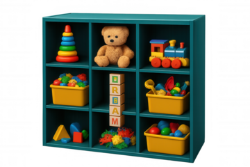 Colorful playroom cabinet storing assorted toys, creating organized play space with clean white shelving against neutral backdrop