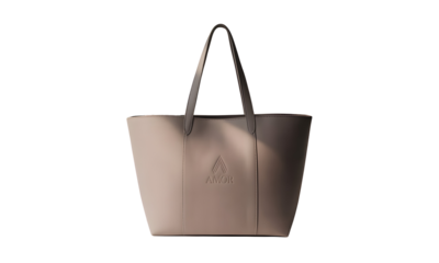Elegant Taupe Tote Bag with Subtle Branding - A Versatile Accessory for Everyday Use
