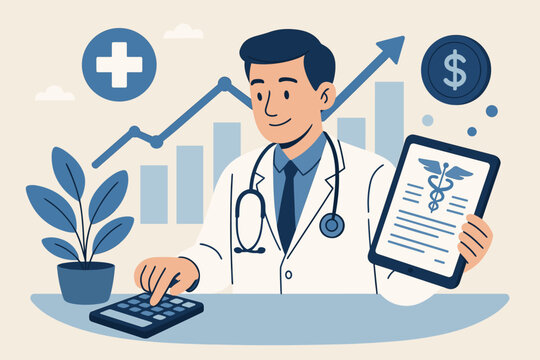 Healthcare business and finance concept. Doctor calculating medical costs and analyzing health data for growth. Medical insurance budget and economy graph report vector.