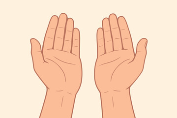 Two open empty human hands gesture. Concept of asking for help, charity, donation, or support. Praying hands for faith and hope. Modern flat vector cartoon illustration.