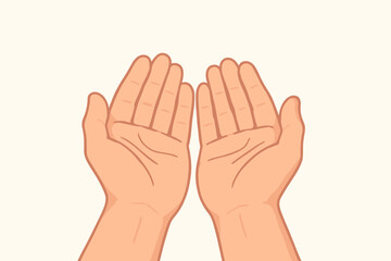 Two open empty hands begging for help or giving support. Charity, donation, and prayer concept. Human hands asking for alms or receiving a gift. Vector cartoon illustration.
