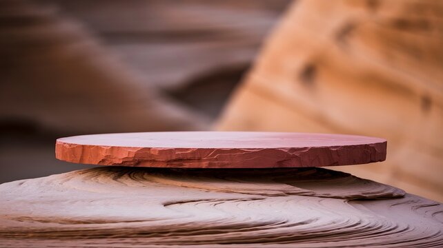 Elevated Pedestal: A textured, weathered stone pedestal, expertly crafted and poised for showcasing your products, set against the backdrop of majestic sandstone formations.