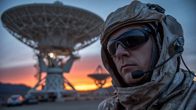 A close-up of a serious man in protective headgear and sunglasses, with a large satellite dish and a colorful sunset in the background. He appears to be a scientist or technician.
