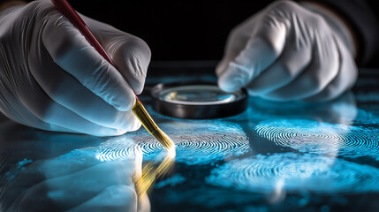 Close up hands of a scientist in protective gloves using forensic powder and a special brush analyzing fingerprints on a glass surface in a laboratory
