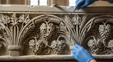 Professional art conservator restoring ancient carved stone relief with fine detail tools