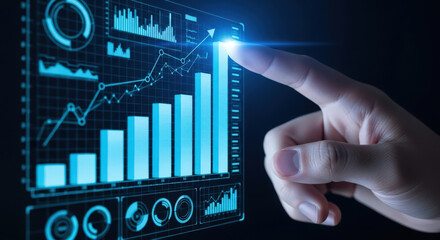 Interactive Data Visualization A Hand Touching a Digital Screen Displaying a Rising Bar Graph and Line Chart Representing Business Analytics and Financial Growth
