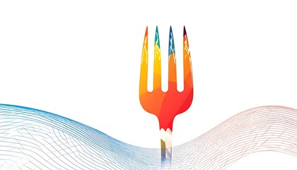 A vibrant, multicolored fork graphic, set against a backdrop of delicate, wavy lines, evokes a sense of freshness and creativity.