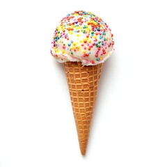 Single scoop of white ice cream with colorful sprinkles, nestled in a waffle cone, against a white background