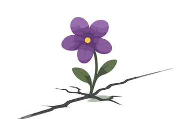 Hope and resilience metaphor. Purple flower growing from a crack in the street. Concept for new life, growth, strength, and perseverance. Modern vector cartoon illustration.