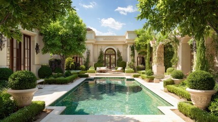 Fototapeta premium Luxurious Outdoor Pool Surrounded by Lush Greenery and Elegant Architectural Features in a Relaxing Garden Setting