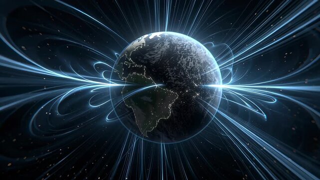 A glowing planet is enveloped by swirling blue lines of light, representing its powerful magnetic field. The vast universe is the backdrop for this cosmic scene.