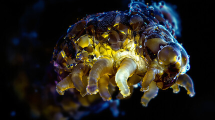 Close-up of a Bioluminescent Creature with Faceted Exoskeleton and Glowing Appendages