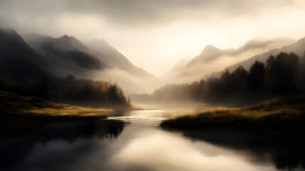 A tranquil landscape of mountains and a calm river, painted with soft shades to convey a sense of peace and serenity.