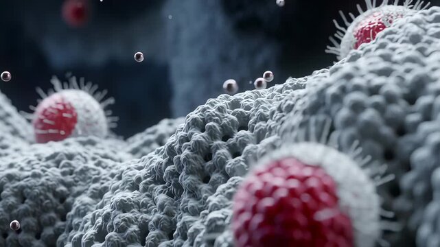 Microscopic viruses or bacteria move and spread across a textured surface, replicating infection and disease at a cellular level.