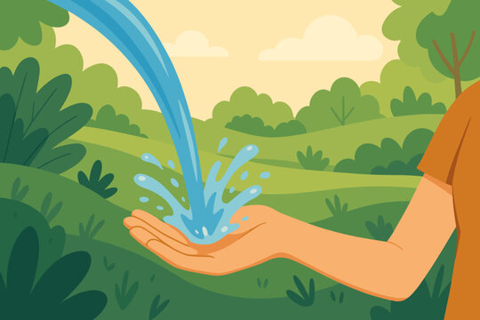 Water pouring and splashing in woman’s hand with lush nature background, earth day and environmental protection concept, modern flat cartoon vector illustration