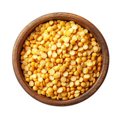 Bowl of yellow split lentils, isolated on transparent background