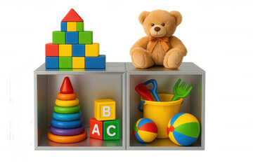 Obraz premium Vibrant children's toys neatly organizing wooden and plastic playthings on shelves, displaying educational variety