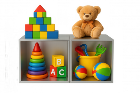 Vibrant children's toys neatly organizing wooden and plastic playthings on shelves, displaying educational variety