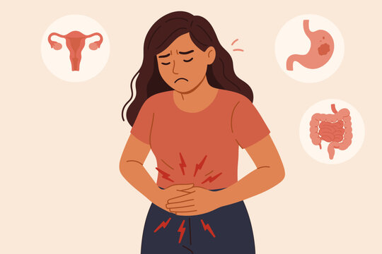 Woman touching stomach in pain, suffering from stomachache, causes including menstruation cramps, gastric ulcer, appendicitis, and gastrointestinal diseases, healthcare concept
