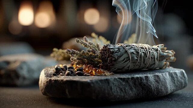 A smudging stick of dried herbs is burning and releasing smoke from a rough stone plate, with some crystals and flowers nearby, creating a spiritual scene.