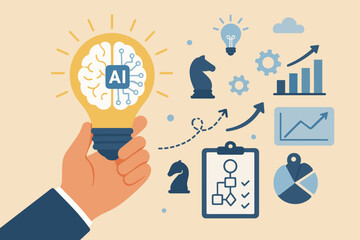 Creative AI and Machine Learning Concept with Hand Holding Brain Data Inside Light Bulb, Strategic Business Planning, Innovation, New Ideas, Artificial Intelligence Inspiration