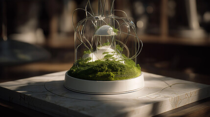 Green plant white polymer and tendrils capturing sunlight in a glass pot, symbolizing air purifier, new beginnings growth and hope for a sustainable future
