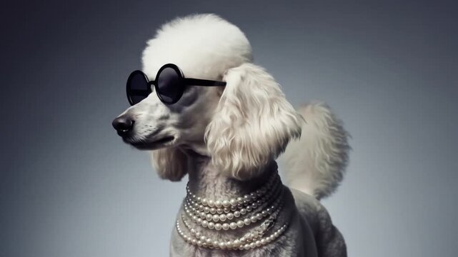 Sophisticated White Poodle with Sunglasses and Pearls: A Stylish Canine Fashion Statement for Animal Lovers and Pet Accessory Enthusiasts
