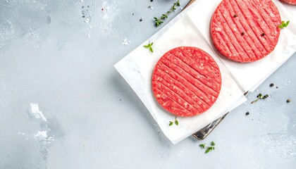 Two raw beef patties, seasoned and ready for grilling, rest on parchment paper on a rustic metal board.