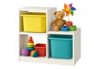 White shelving unit organizing multicolored toys, featuring teddy bear, building blocks, stacking toy, and vibrant storage boxes on transparent background, 3d rendering