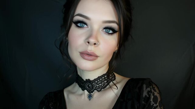 A close-up portrait of a serious goth woman with dark, styled hair and black gothic makeup wearing a lace choker and a dark top, looking ahead.