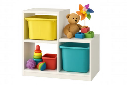 White shelving unit organizing multicolored toys, featuring teddy bear, building blocks, stacking toy, and vibrant storage boxes on transparent background, 3d rendering